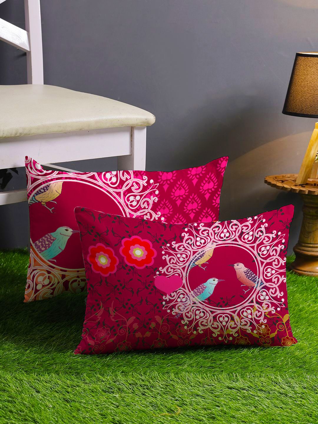 STITCHNEST Pink & Orange Set of 2 Floral Rectangle Cushion Covers