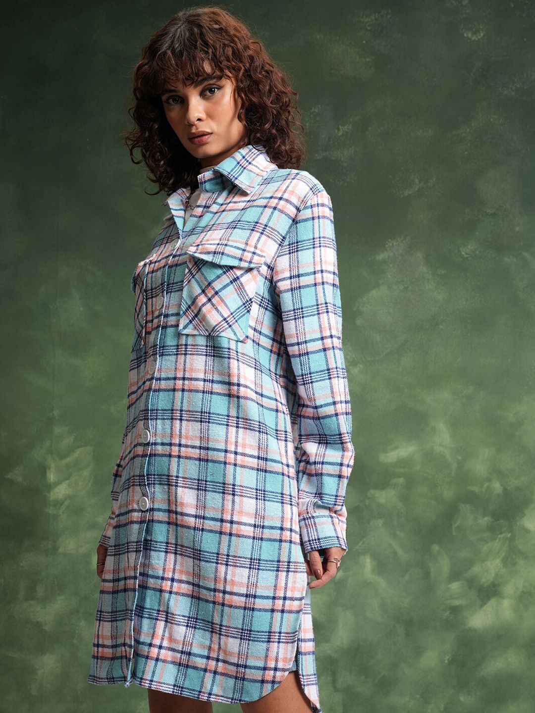 Tokyo Talkies Tartan Checked Cuban Collar Oversized Flannel Shirt