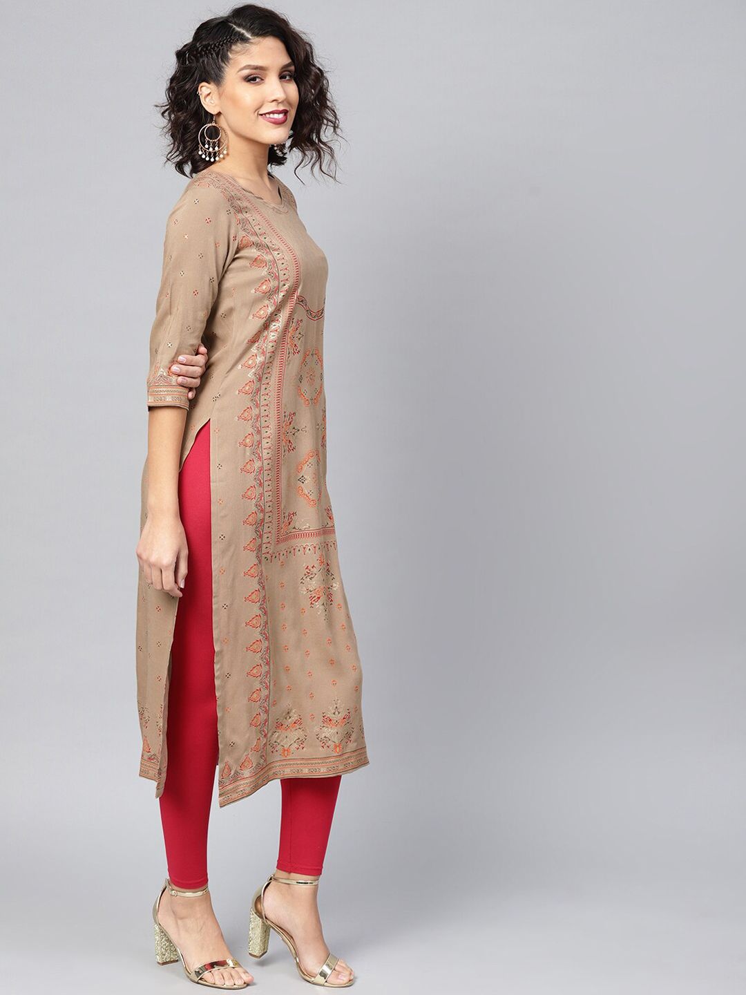 Libas Women Beige Ethnic Motifs Printed Kurta