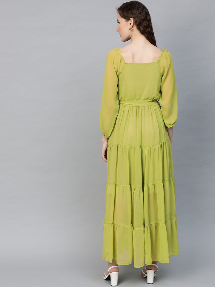 SASSAFRAS Lime Green Tiered Pleated Maxi Dress