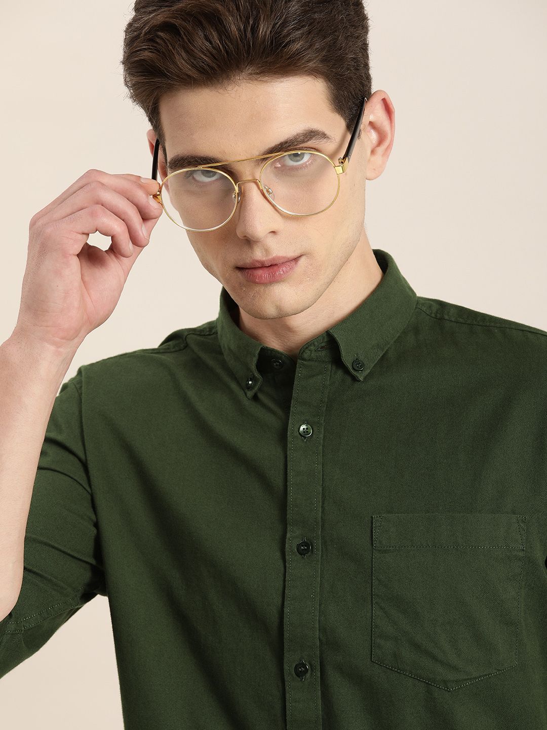 ether Men Olive Green Opaque Pure Cotton Casual Shirt