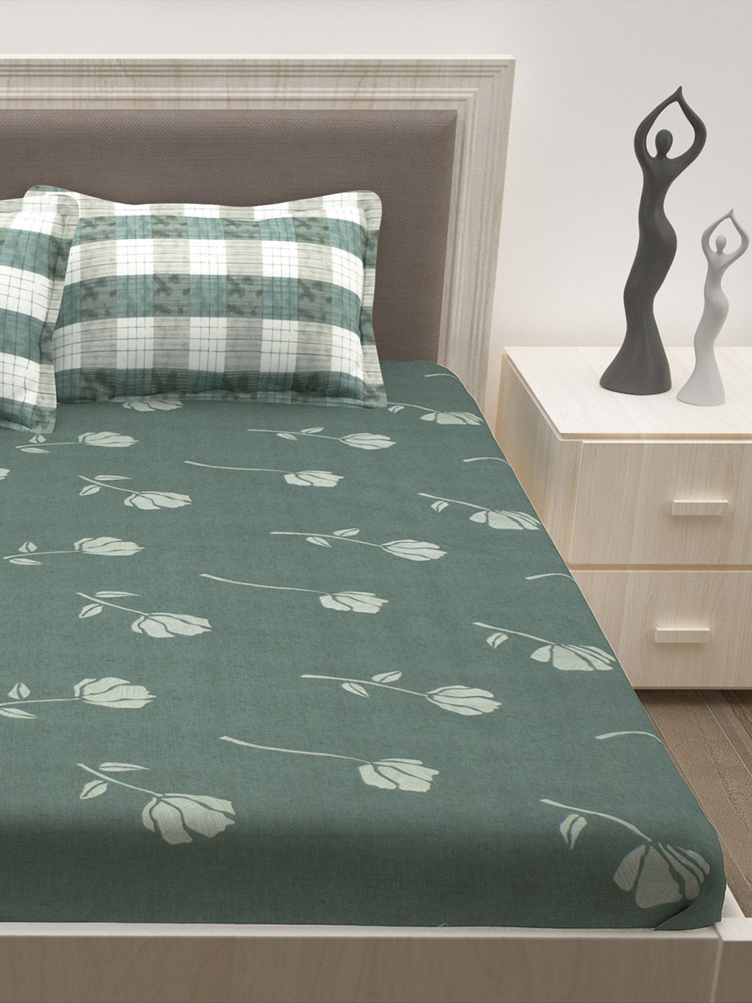 Story@home Grey Floral 186 TC Cotton 1 Double Bedsheet with 2 Pillow Covers