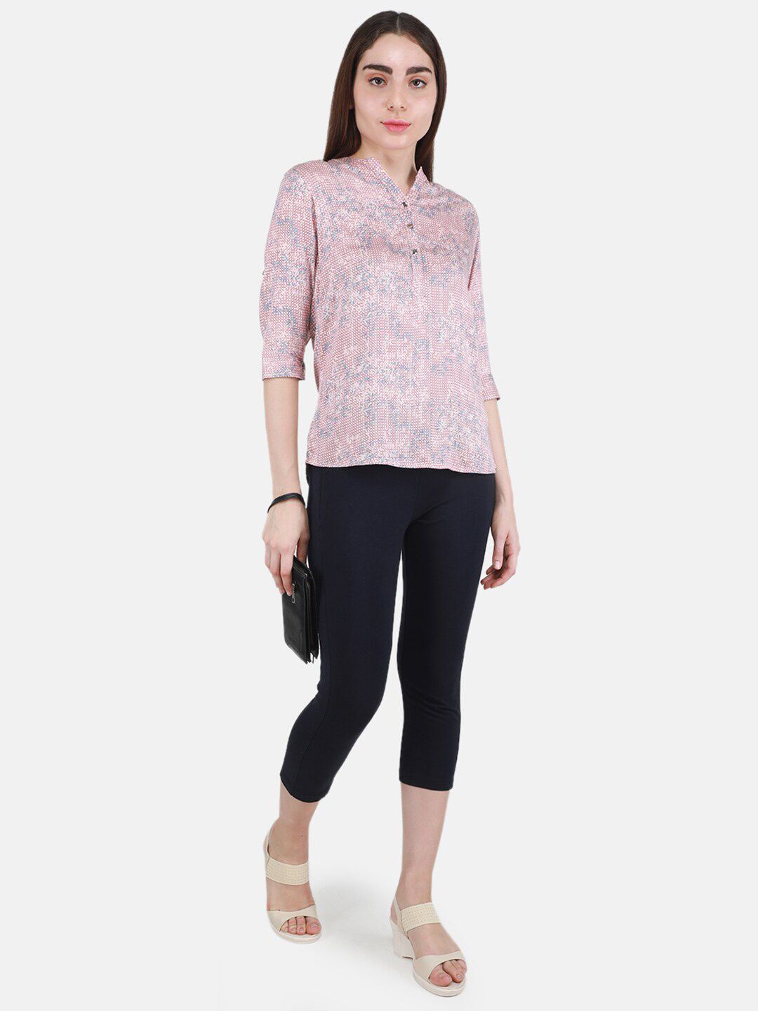 Monte Carlo Floral Printed Mandarin Collar Top