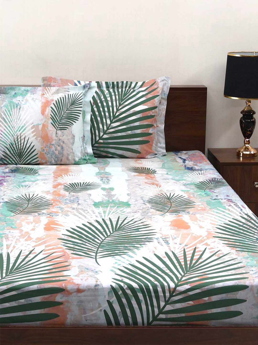 BOMBAY DYEING Fantasque Green Floral Printed Cotton 180 TC King Bedsheet Set 2.74 x 2.74 m