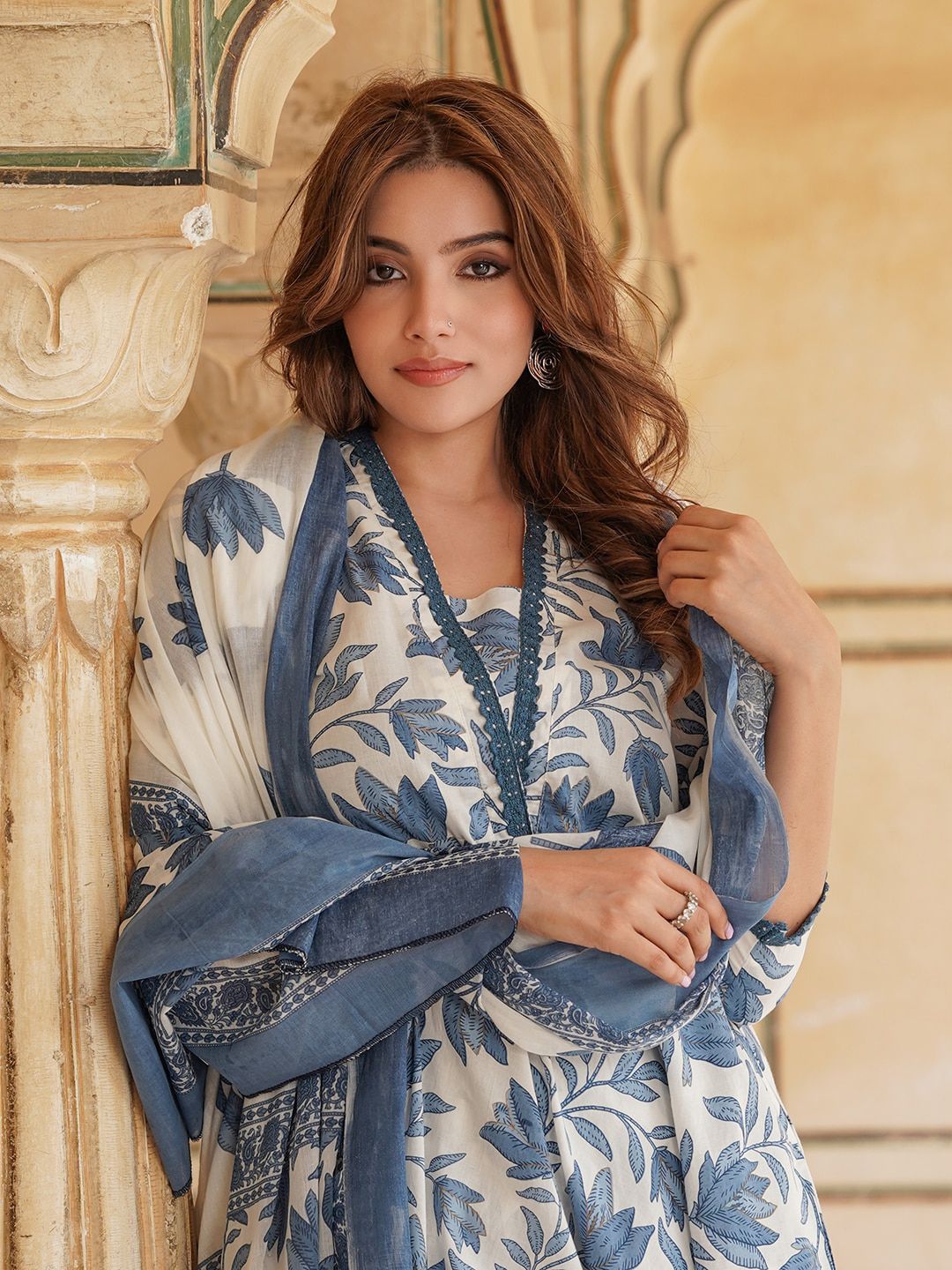 KALINI Floral Printed Square Neck Pure Cotton Anarkali Kurta with Trousers & Dupatta