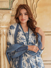 Kalini Floral Printed Square Neck Cotton Pure Anarkali Kurta dengan Seluar & Dupatta