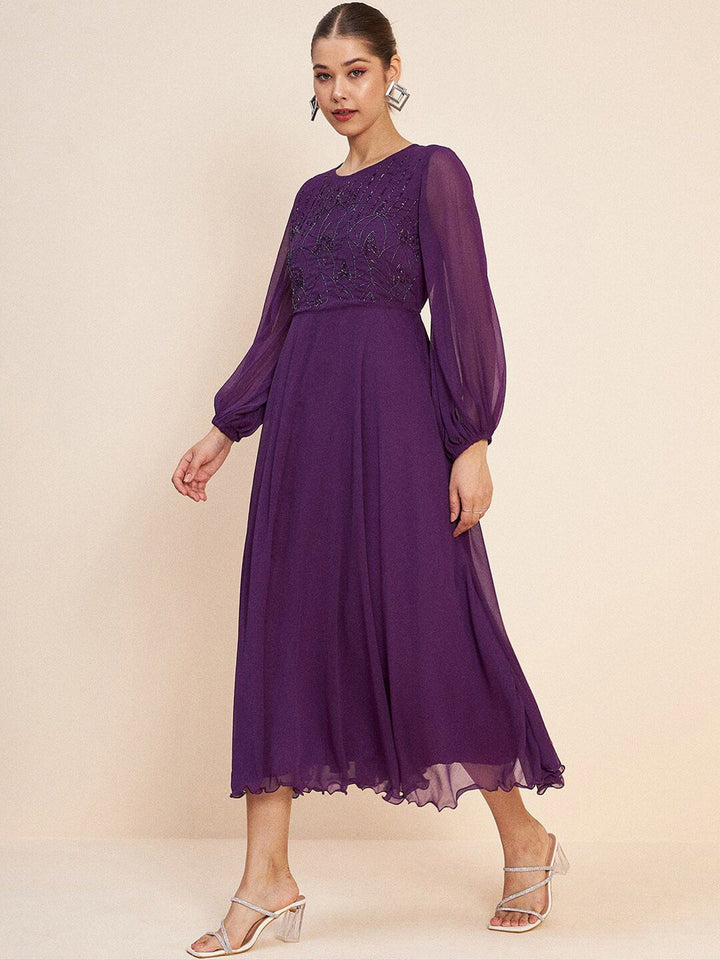 Antheaa Purple Embellished Puff Sleeves Gathered Fit & Flare Midi Dress