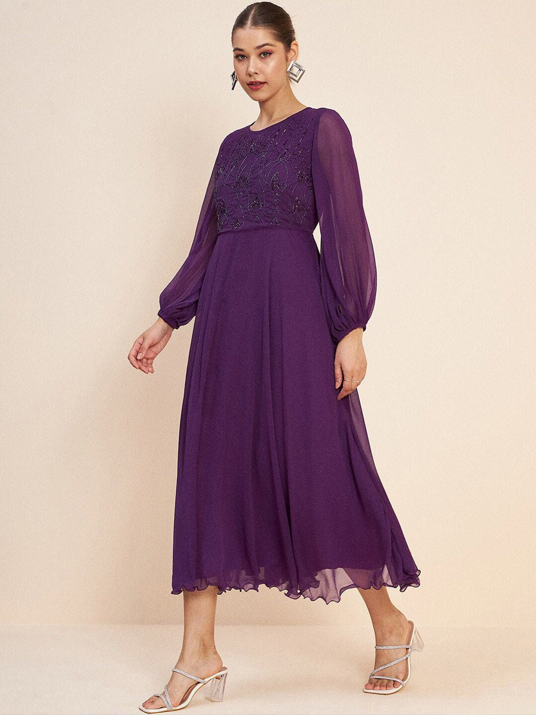Antheaa Purple Embellished Puff Sleeves Gathered Fit & Flare Midi Dress