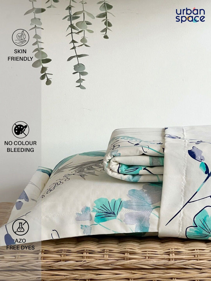 URBAN SPACE Floral Feast Printed 200 TC Pure Cotton King Bedsheet & 2 Pillow Covers