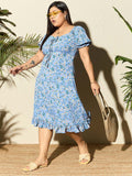 Berrylush Curve Plus Size Blue Froral Printed Dikumpulkan Dress A-Line Midi