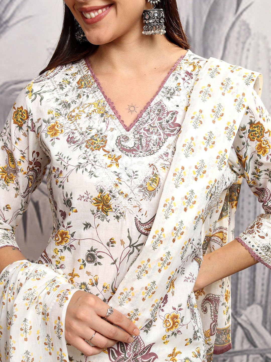 Vishudh Women Ethnic Motifs Printed Regular Pure Cotton Kurta with Trousers & With Dupatta