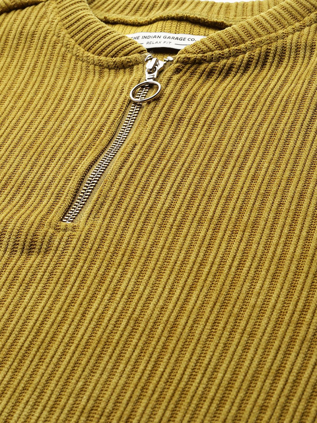 The Indian Garage Co Self Striped Stand Collar Corduroy Relaxed Fit Sweatshirt