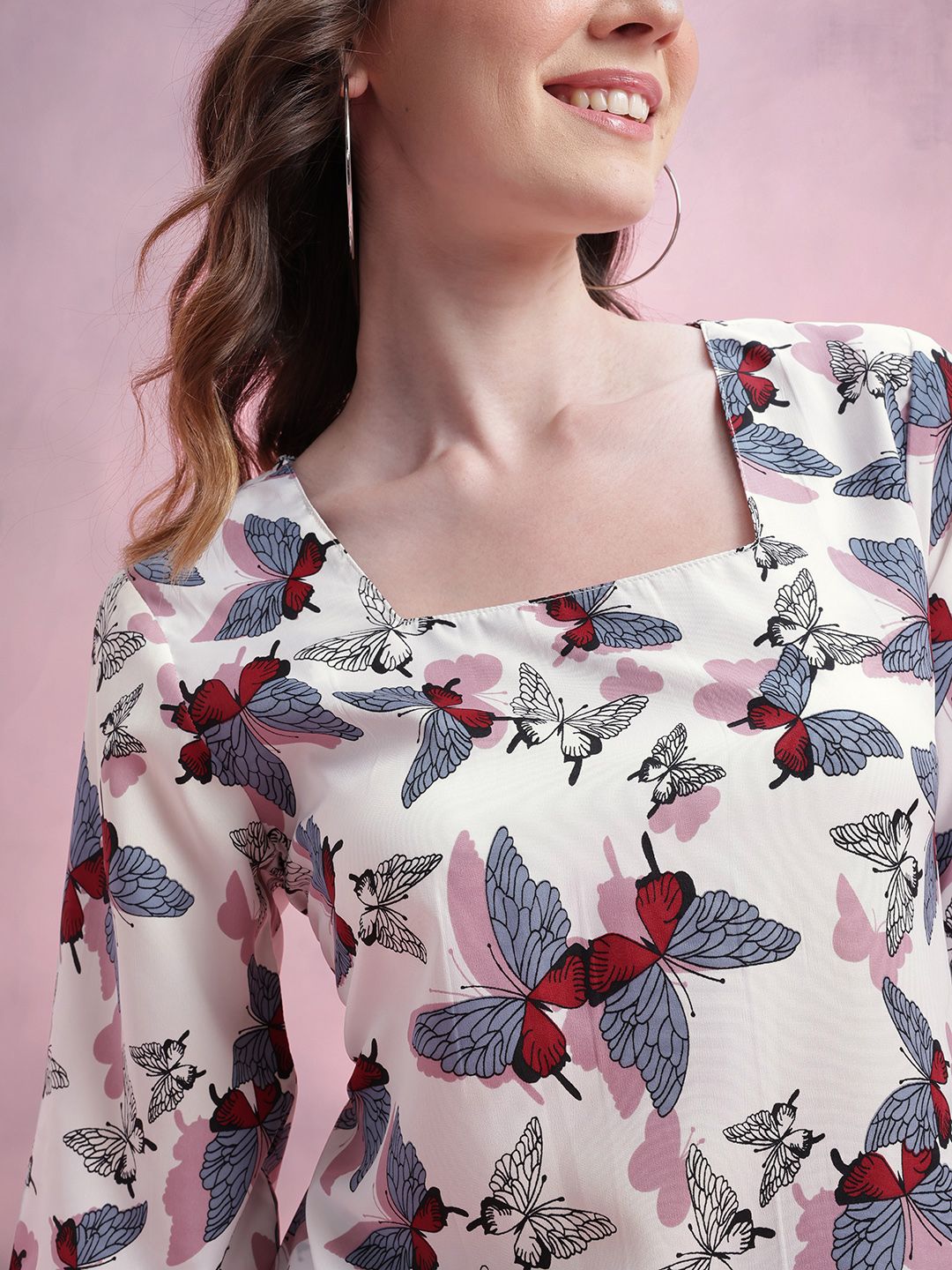 DressBerry Conversational Print Square Neck Flared Sleeves Top