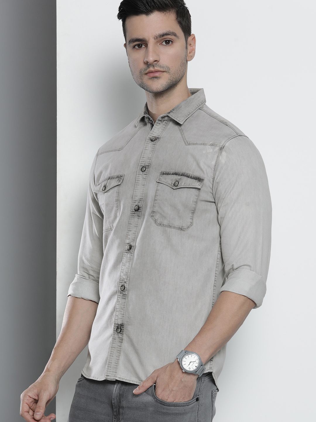 The Indian Garage Co Men Grey Slim Fit Faded Denim Casual Shirt