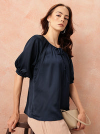 all about you Tie-Up Neck Puff Sleeves Gathered Detail Satin-Finish Top