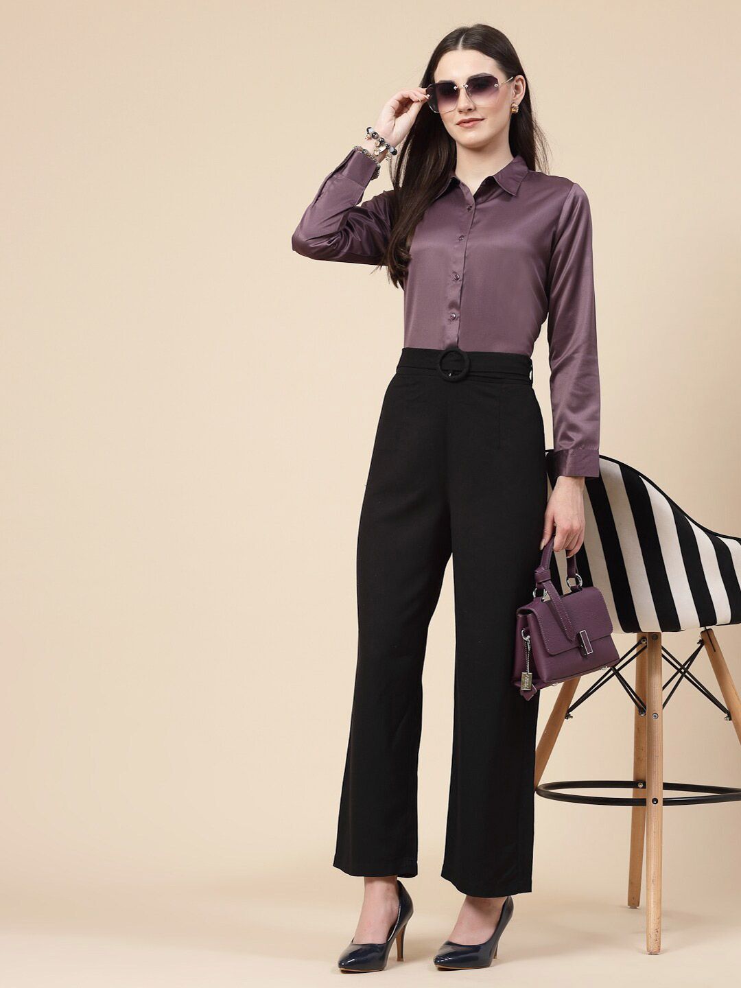 Style Quotient Mauve Spread Collar Smart Satin Formal Shirt
