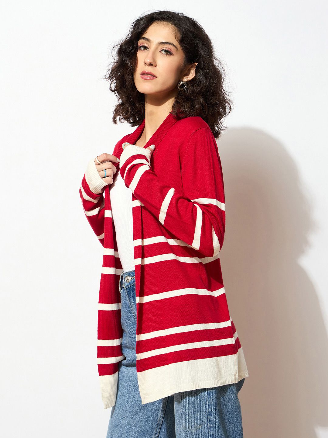 SASSAFRAS Women Red & White Acrylic Ribbed Open Front Striped Longline Shrug