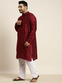 SOJANYA PLUS Men Maroon & Silver Jacquard Silk Woven Design Straight Kurta