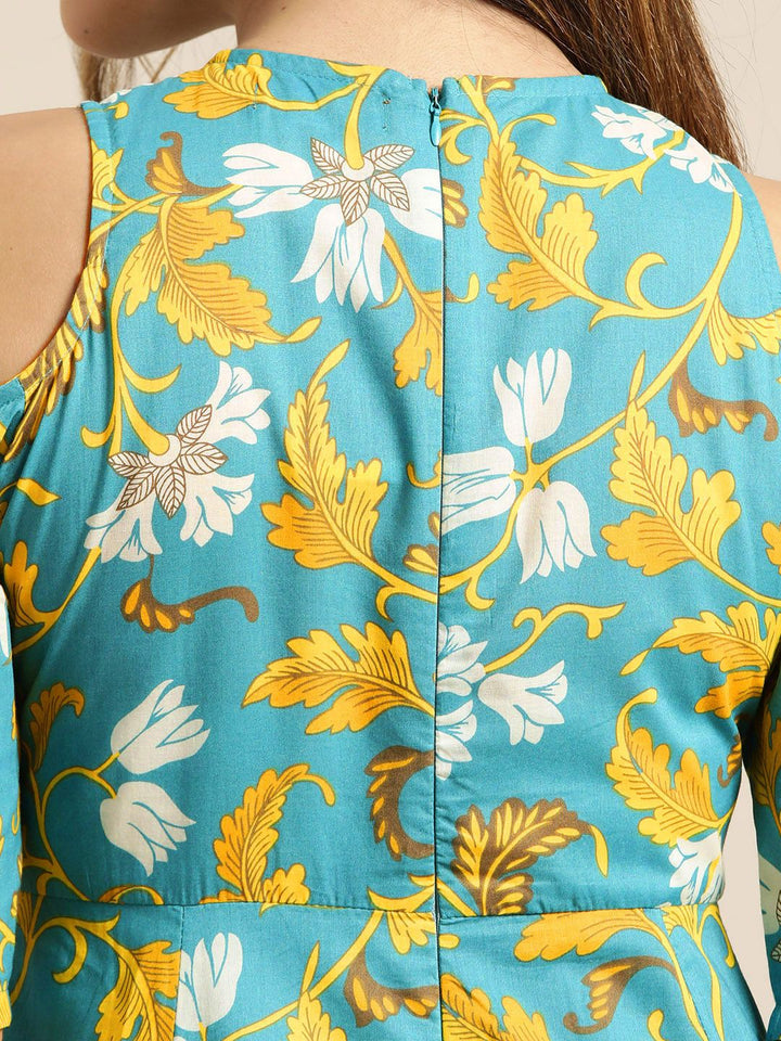 Shae by SASSAFRAS Women Blue & Mustard Yellow Printed Off-Shoulder Anarkali Kurta