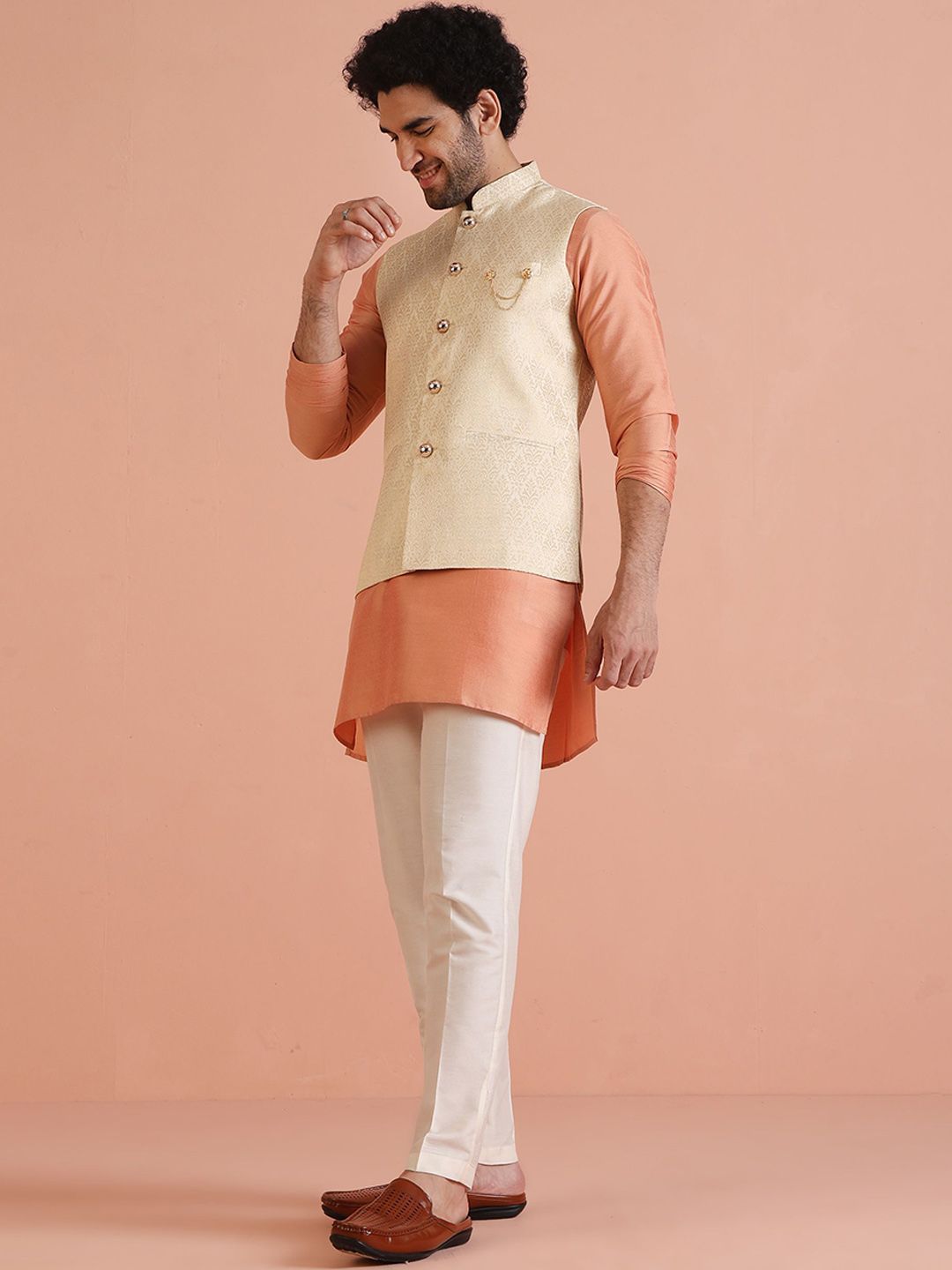 KISAH Men Ethnic Motifs Mandarin Collar Woven Design Nehru Jacket