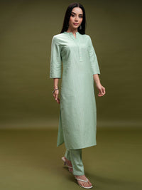 Vishudh Green Striped Mandarin Collar Pure Cotton Straight Kurta With Trousers