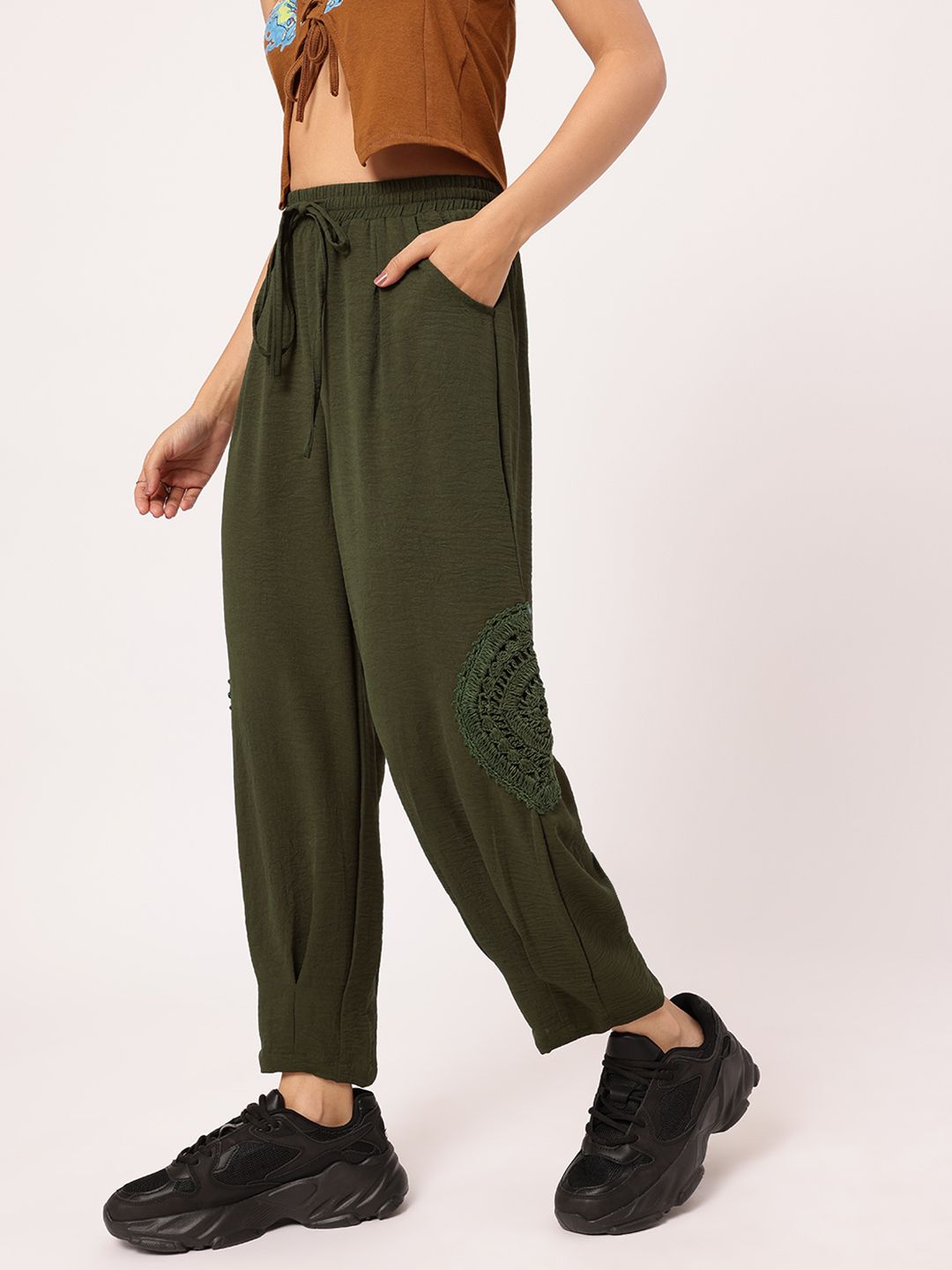 DressBerry Women Hippie Chic Crochet Patchwork Crinkled Cropped Trousers