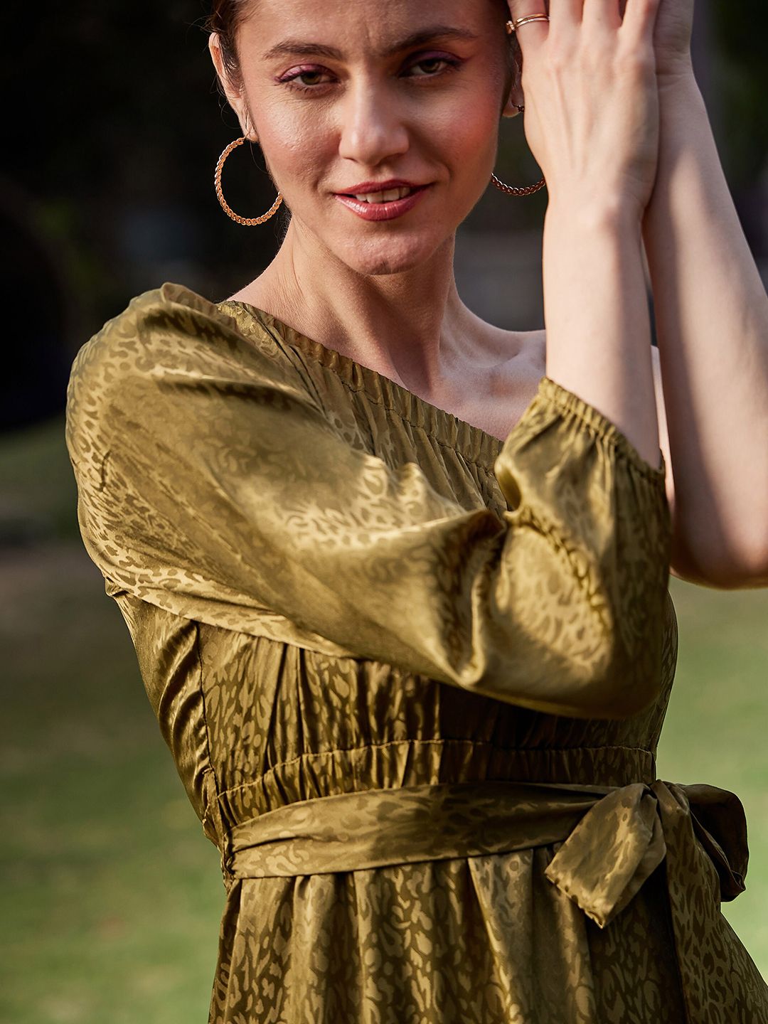 SASSAFRAS Off-Shoulder Bell Sleeve Georgette A-Line Dress