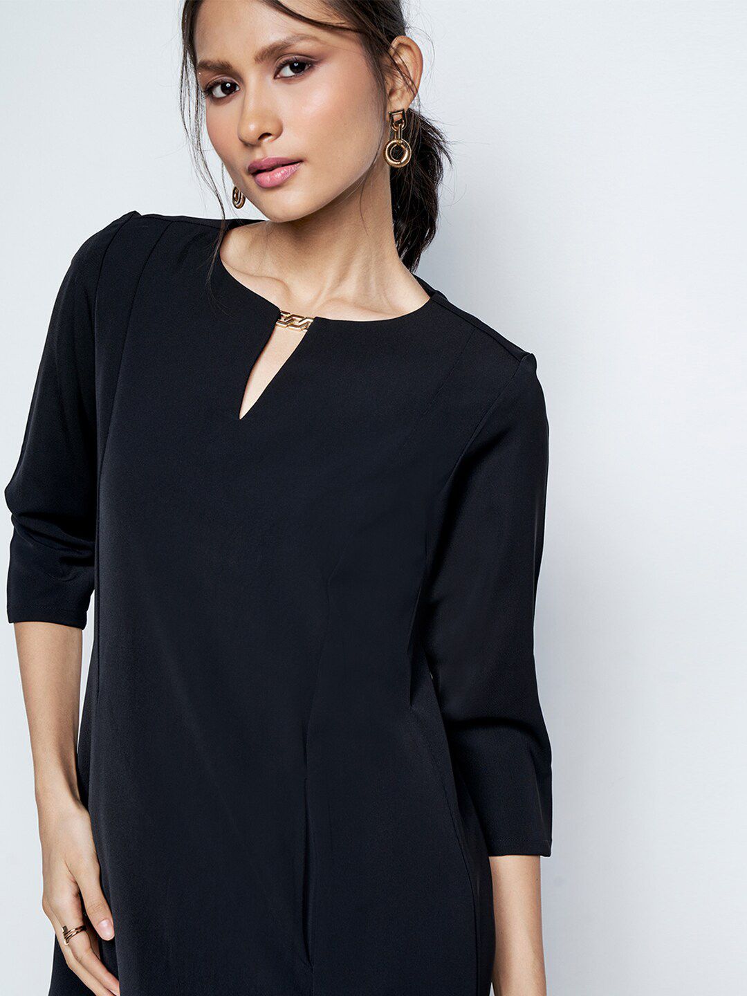 AND A-Line Key Hole Neck Three-Quarter Sleeves Dress
