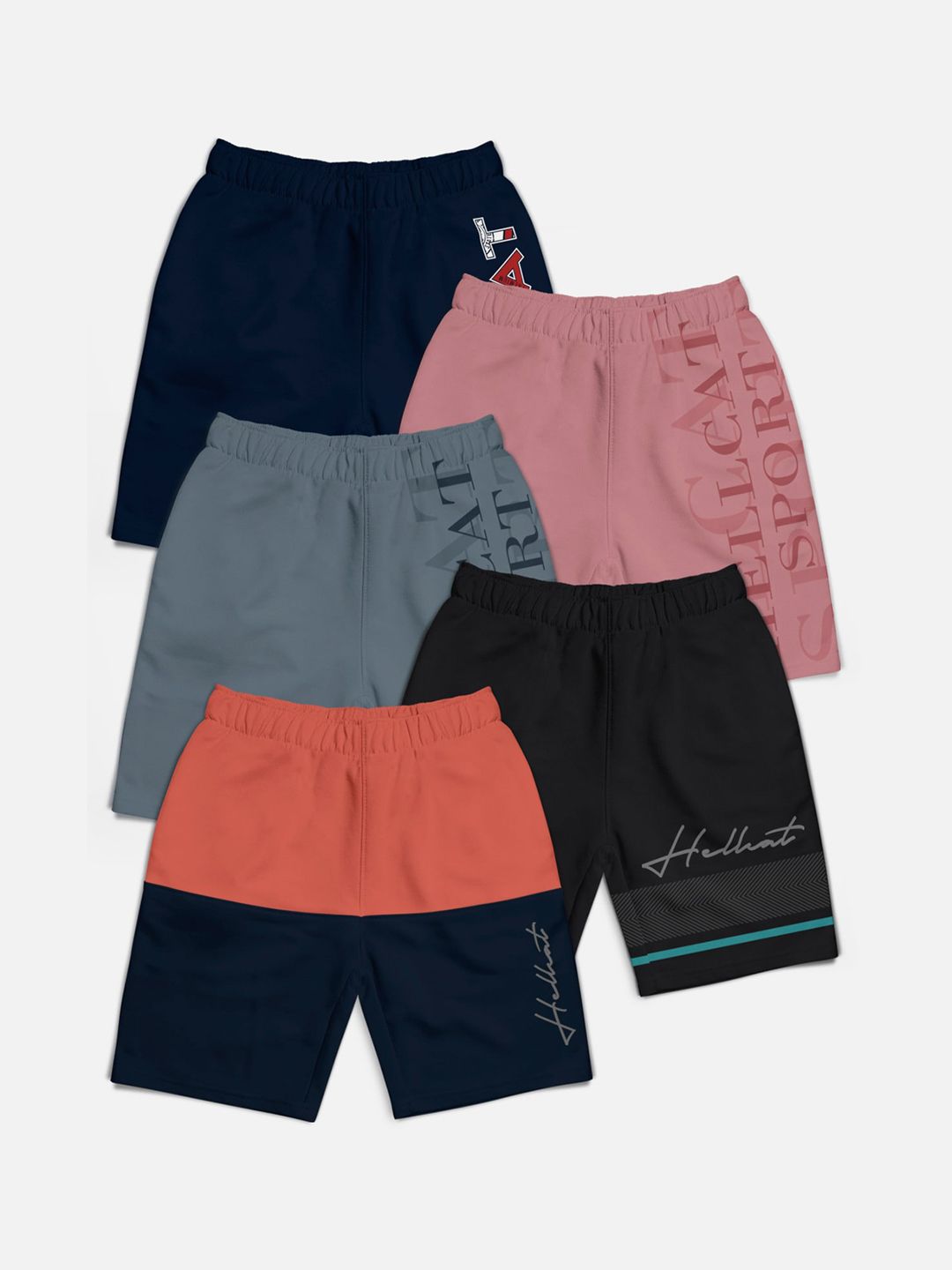 HELLCAT Boys Pack of 5 Typography Printed Cotton Mid-Rise Shorts