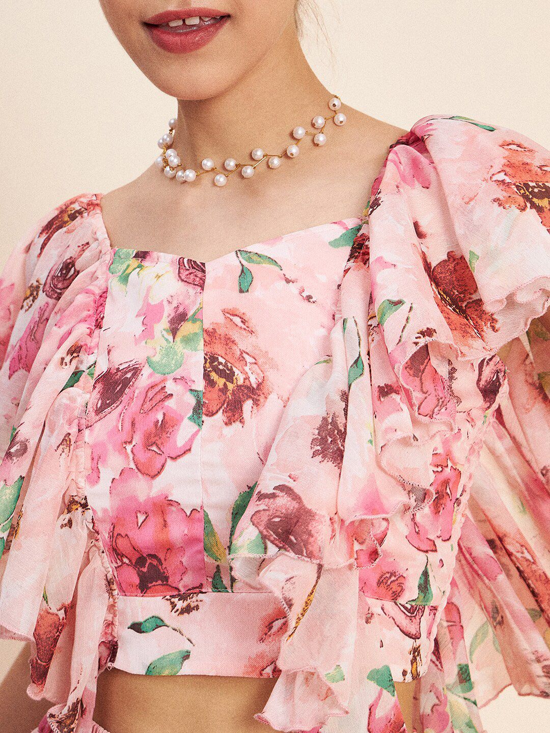 Antheaa Floral Printed Ruffled Crop Top & Skirt