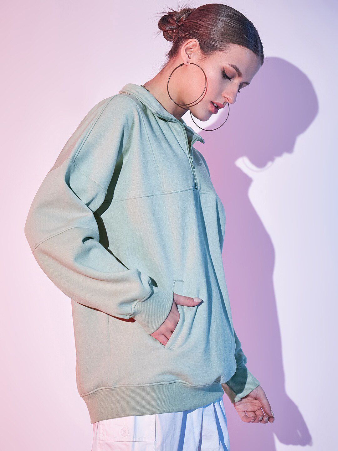 STREET 9 Typography Printed Mock Collar Half Zipper Fleece & Cotton Pullover Sweatshirt