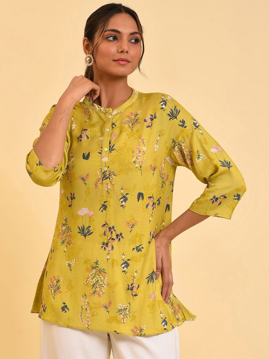 W Yellow Floral Printed Mandarin Collar Top