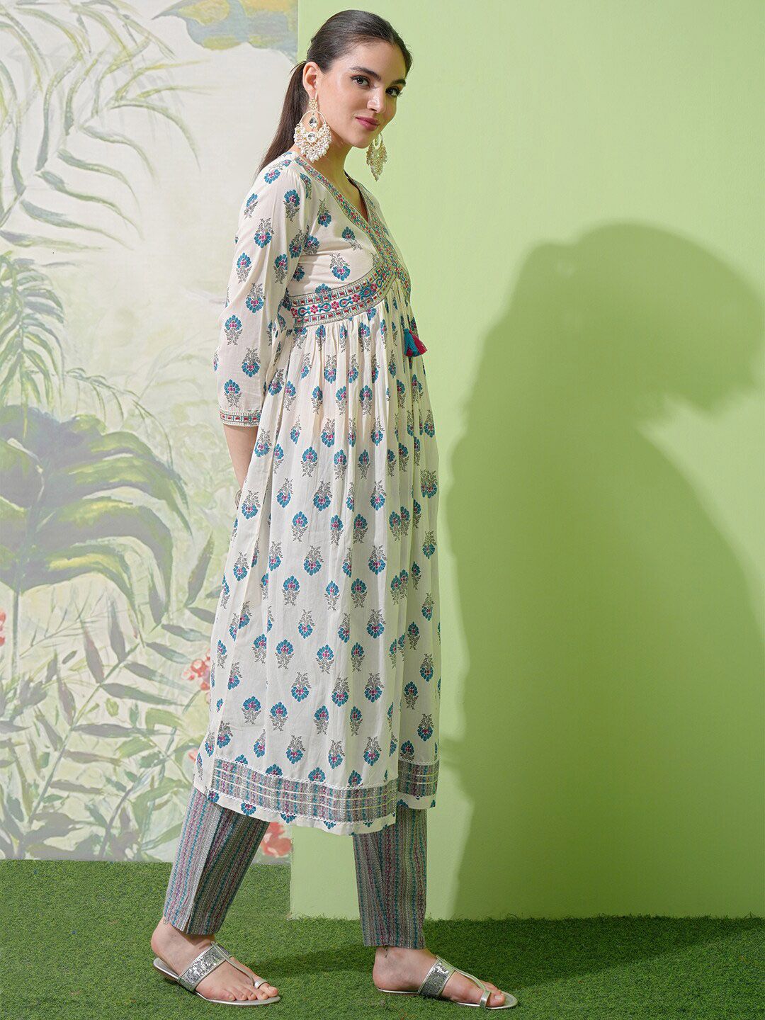 Vishudh White Floral Printed Pure Cotton A-Line Empire Kurta With Trousers & Dupatta
