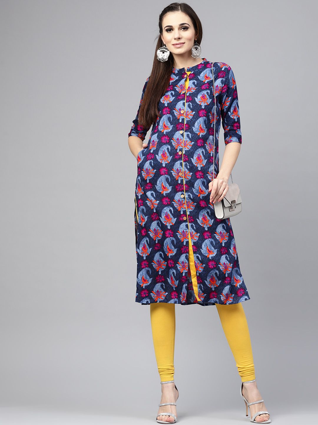 SOJANYA Kurta Lurus Bercetak Biru Laut & Merah Jambu Wanita