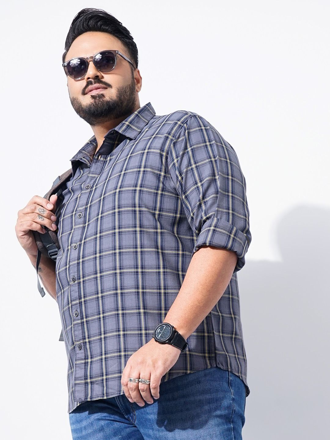 The Indian Garage Co Plus Size Windowpane Checked Cotton Casual Shirt
