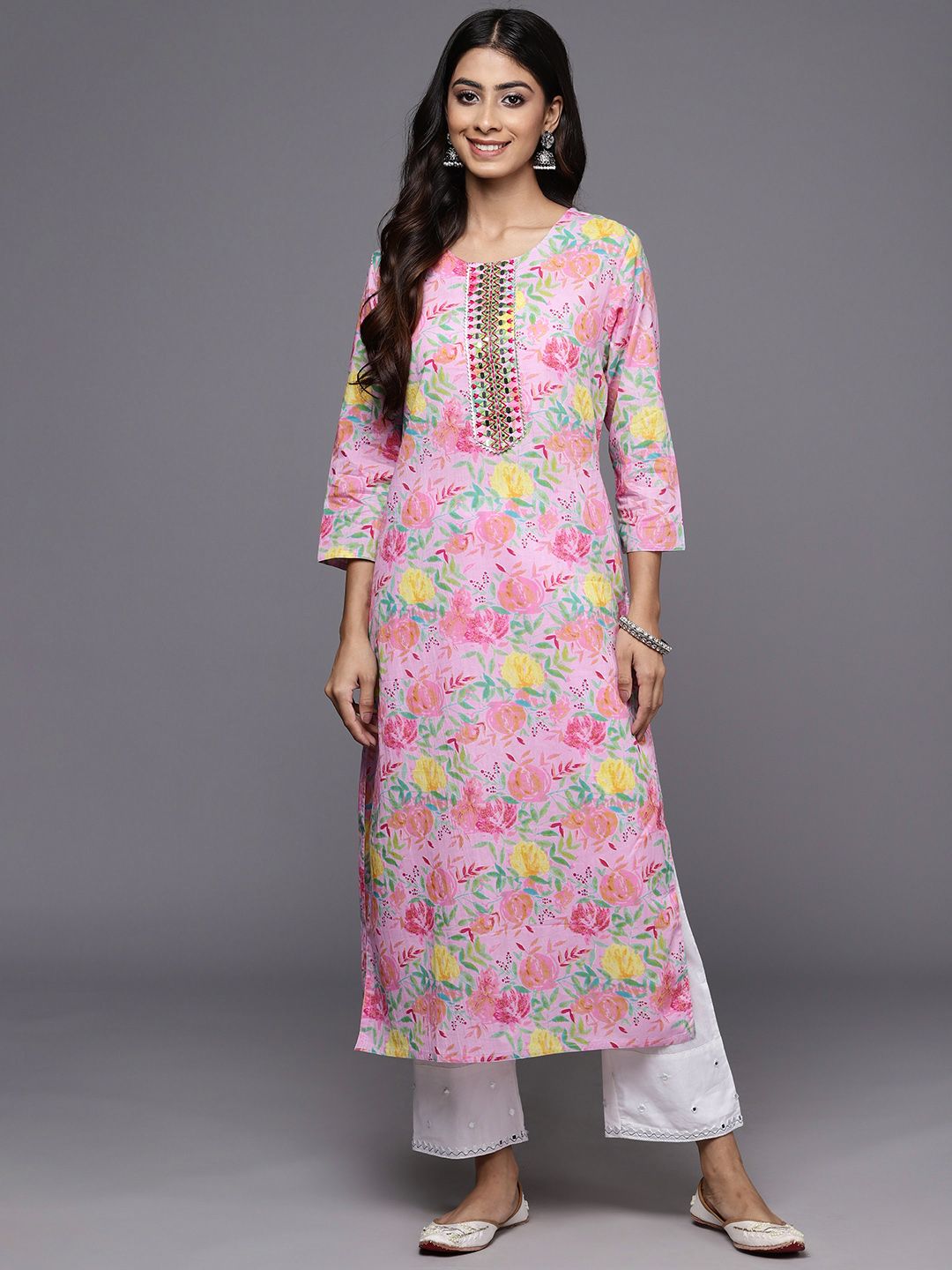 Varanga Floral Printed Mirror Work Pure Cotton Kurta