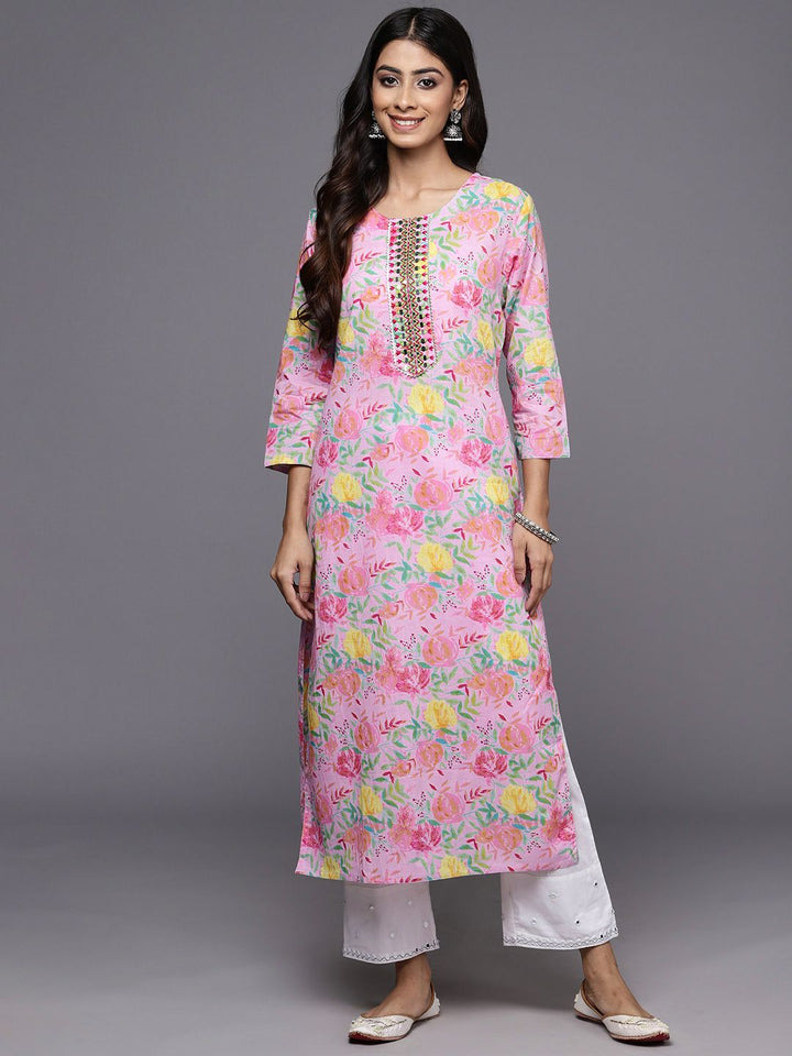 Varanga Floral Printed Mirror Work Pure Cotton Kurta