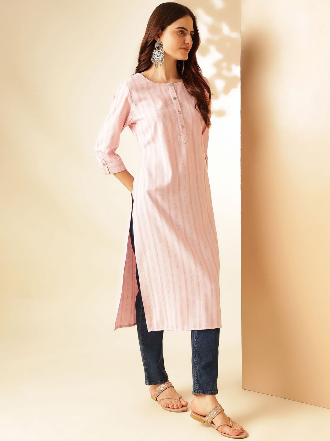 Anouk Pink Striped Self Design Round Neck Regular Straight Kurta