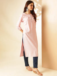 Anouk Pink Striped Self Design Round Neck Regular Straight Kurta