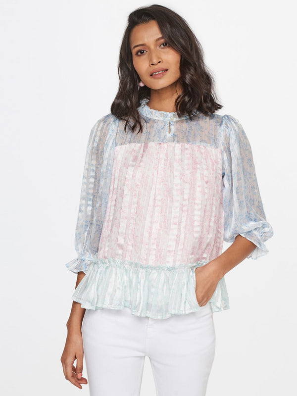 AND Floral Print Mandarin Collar Puff Sleeve Top