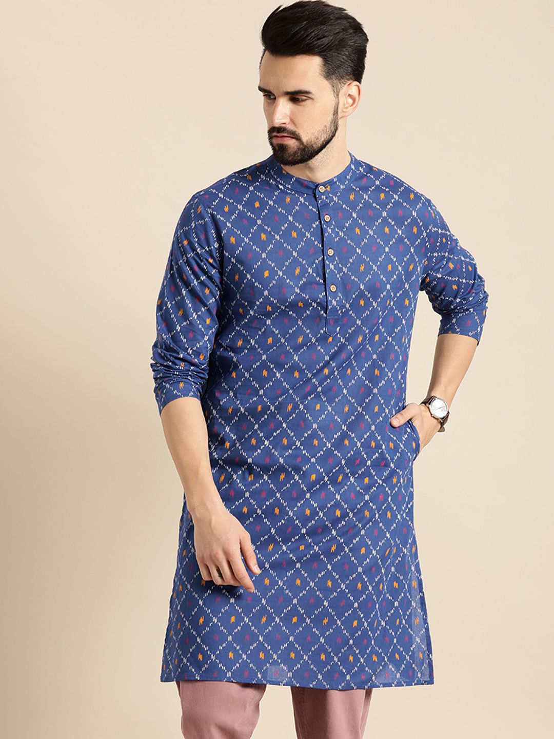 Anouk Men Blue & White Geometric Printed Kurta