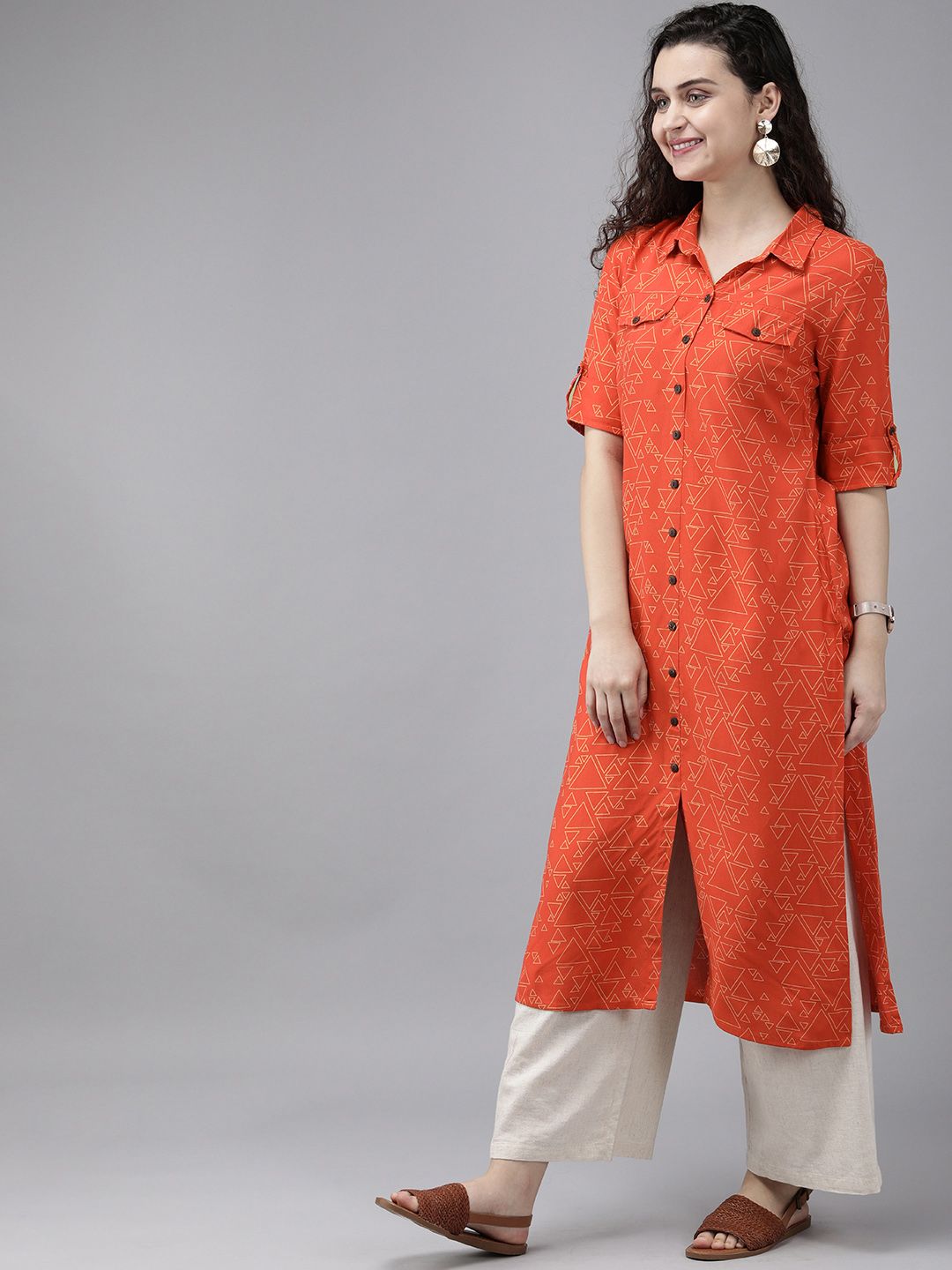 Anouk Wanita Merah & Mustard Kuning Dicetak Lurus Kurta
