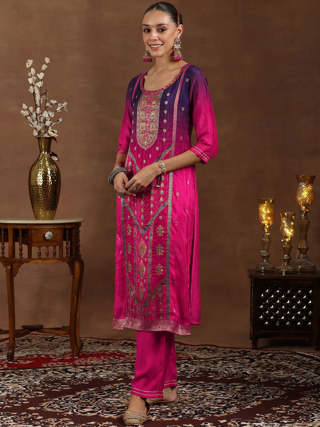 Libas Floral Woven Design Round Neck Kurta with Trousers & Dupatta