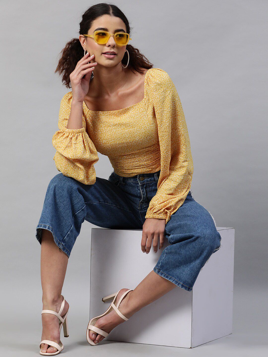 STREET 9 Women Yellow & White Floral Fringed Georgette Regular Crop Top