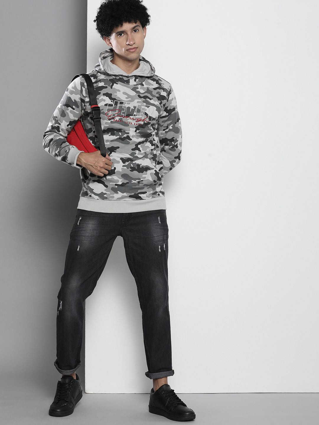 The Indian Garage Co Men Grey & Black Printed Hooded Sweatshirt