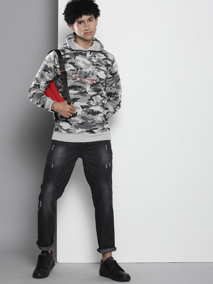 The Indian Garage Co Men Grey & Black Printed Hooded Sweatshirt