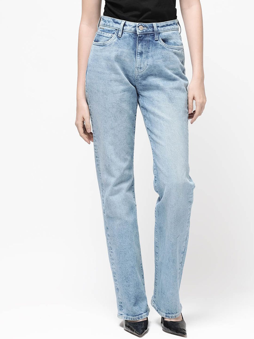 RAREISM Women Comfort Straight Fit High-Rise Clean Look Heavy Fade Cotton Jeans