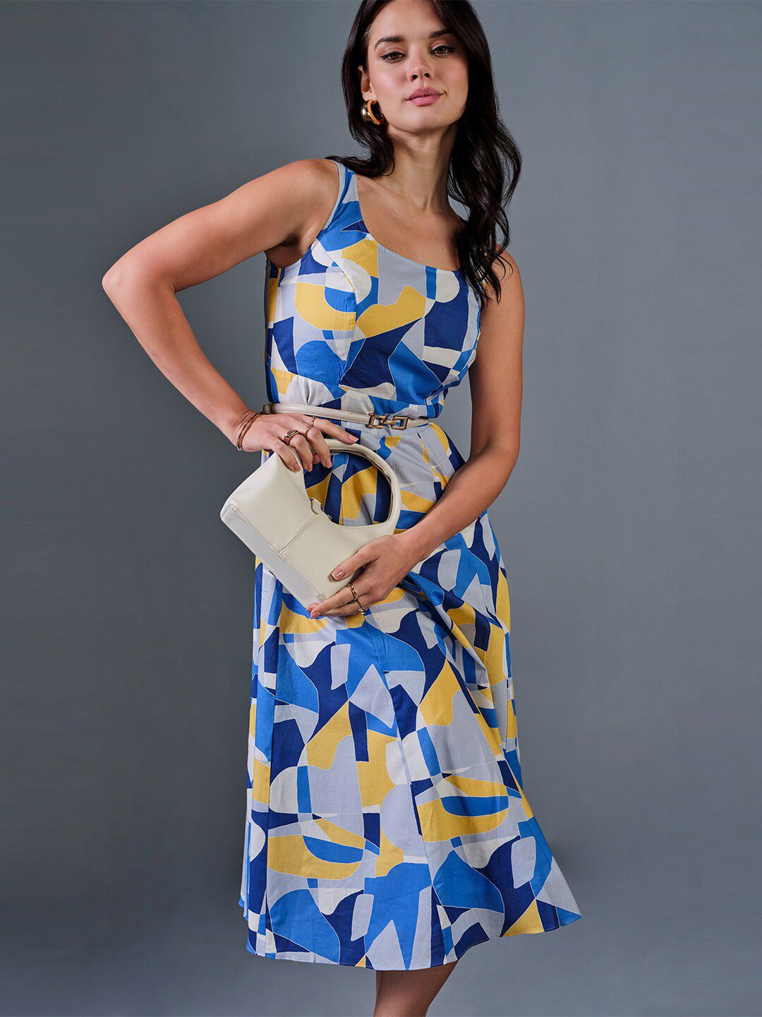 AND Print Shoulder Straps Fit & Flare Midi Dress
