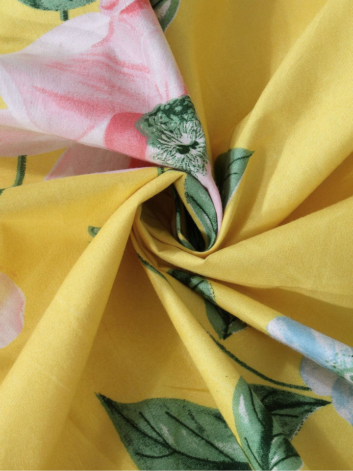 KLOTTHE Yellow & Pink Floral Printed 300 TC Fitted King Bedsheet With 2 Pillow Covers