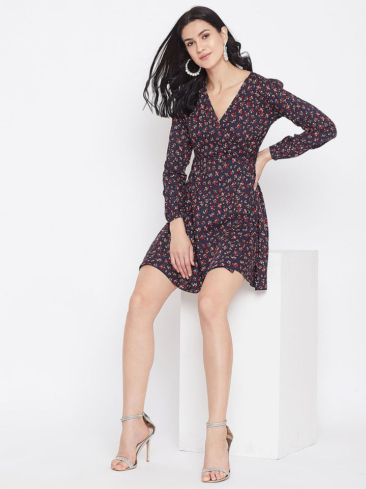 Berrylush Navy Blue Floral Printed Fit and Flare Dress